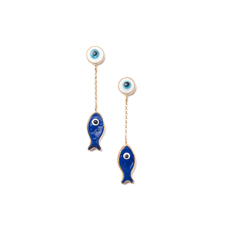 Evil Eye Earrings with Fish Charm