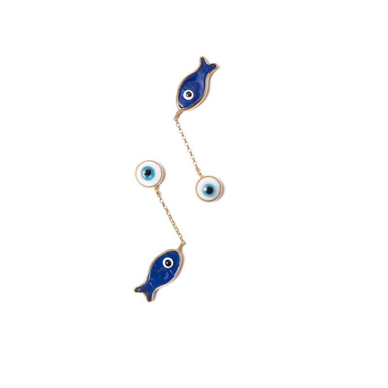 Evil Eye Earrings with Fish Charm